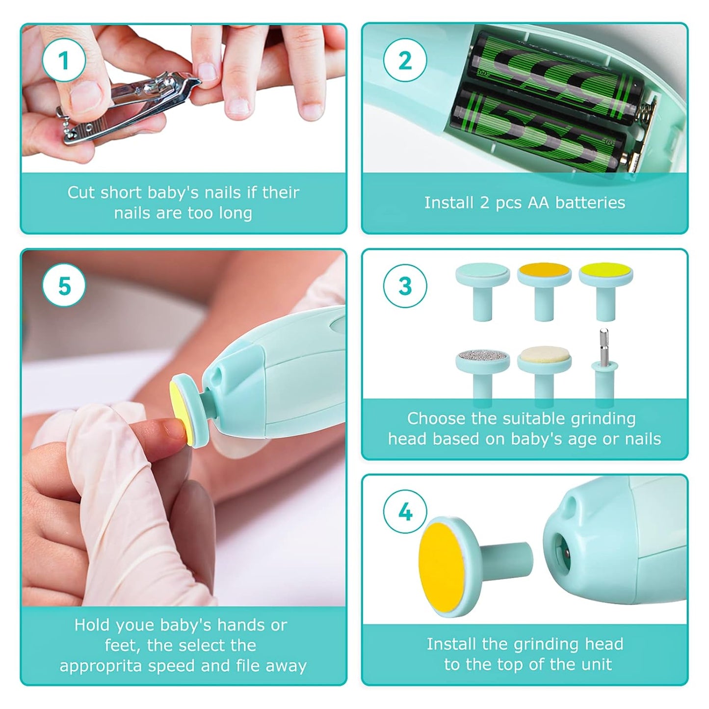 6 in 1 Baby Nail Trimmer Electric Baby Nail Cutter Kit with LED Light Portable Nail File for Newborn and Kids