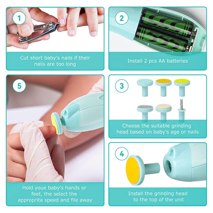 6 in 1 Baby Nail Trimmer Electric Baby Nail Cutter Kit with LED Light Portable Nail File for Newborn and Kids