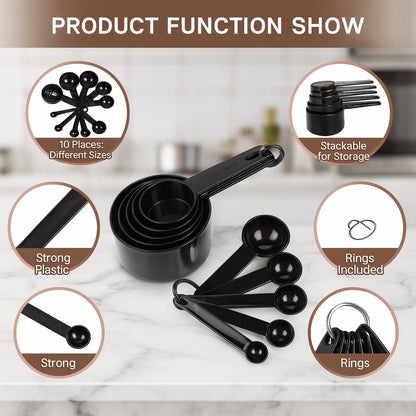 10 Pcs Black Plastic Measuring Cups and Spoons Set